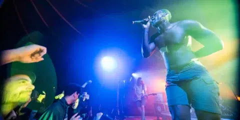 Chanteur torse nu sur scène lors d'un concert éclairé.