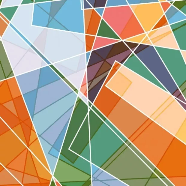 Composition abstraite géométrique aux couleurs vives et lignes blanches.