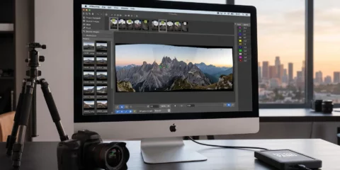 iMac affichant l'assemblage d'une photo panoramique de montagne.